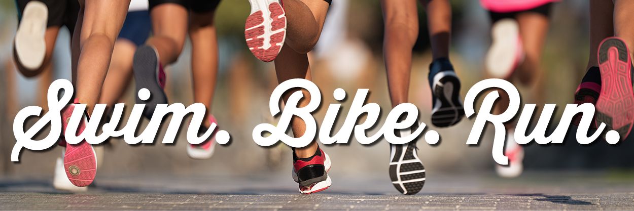 shoes of kids running a race and the words Swim Bike Run over the image.